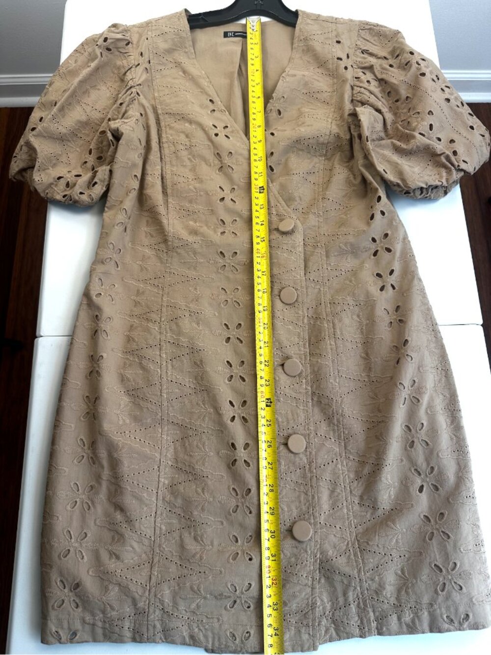 INC International Concepts Eyelet Dress Brown Tan Puff Sleeve Button Front Cotto - Picture 4 of 5